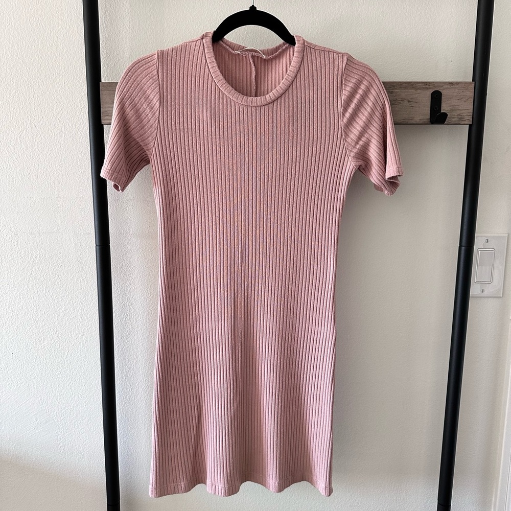 Reformation BLUSH Gigi Mini Dress (Ribbed knit, pink)